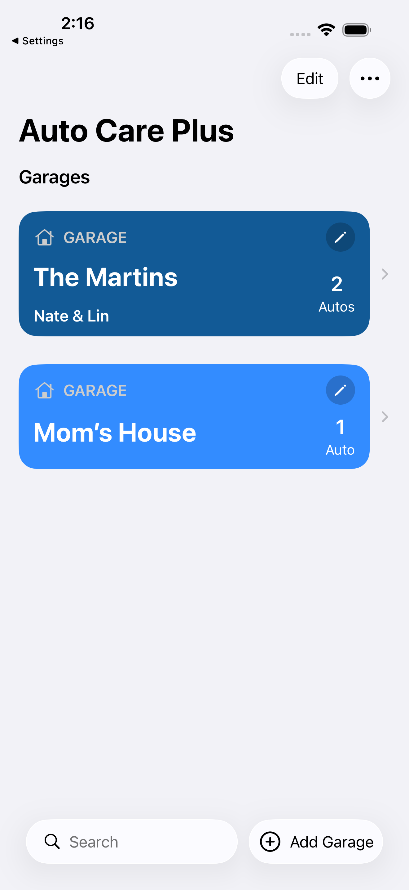 Garages list showing multiple garages
